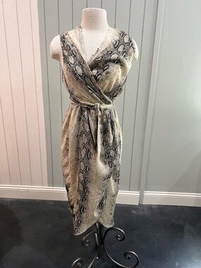 Sleeveless Snake-Print Midi Wrap Dress in Beige and Black
